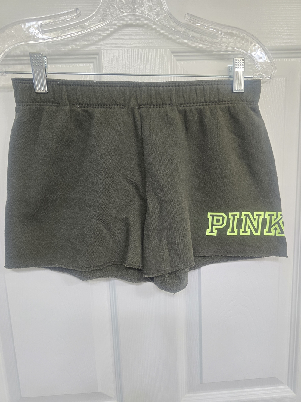 PINK Victoria's Secret Olive Green Athletic Shorts with Neon Yellow Logo